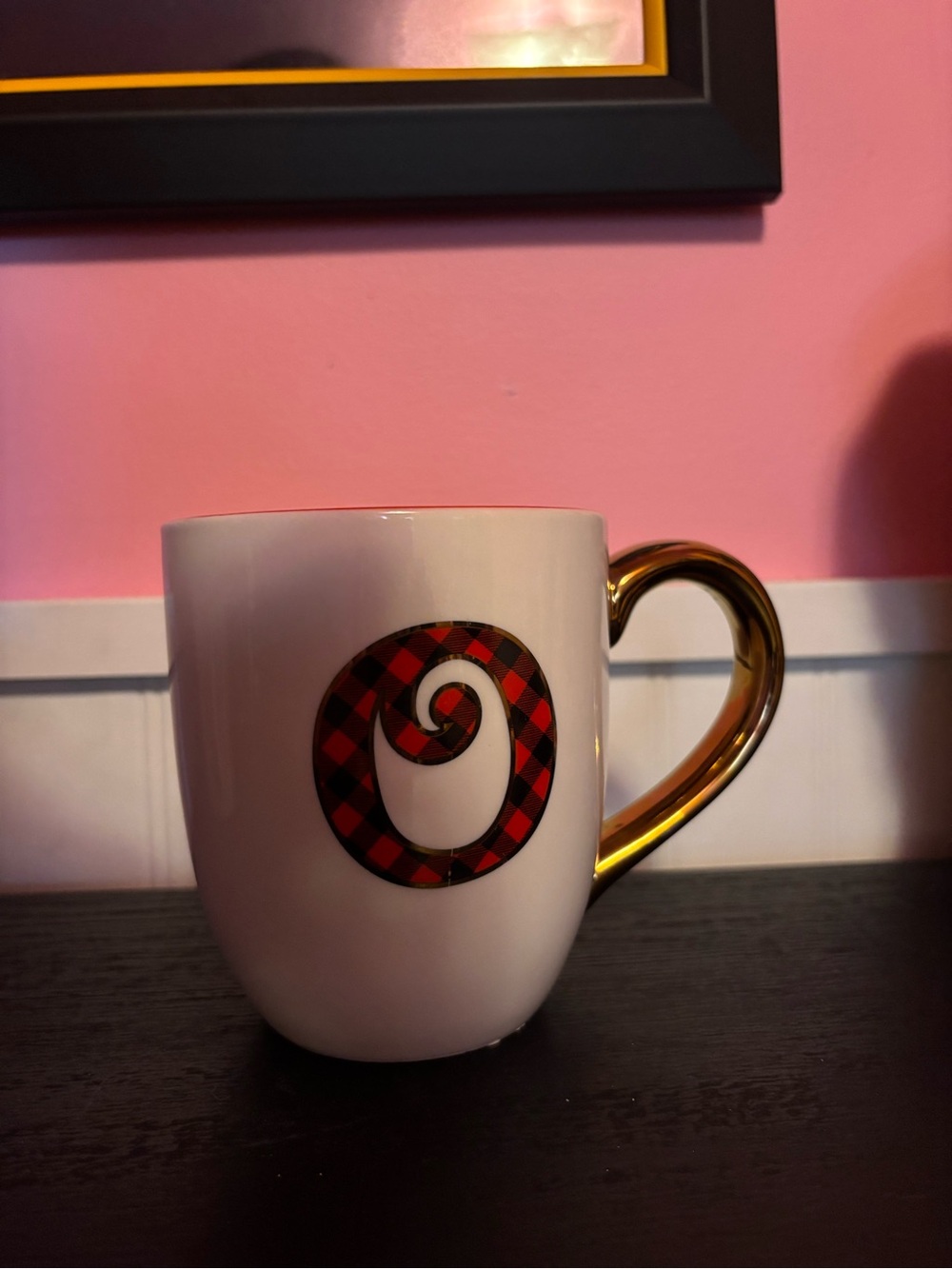White Ceramic Mug with Red Plaid Spiral and Gold Handle